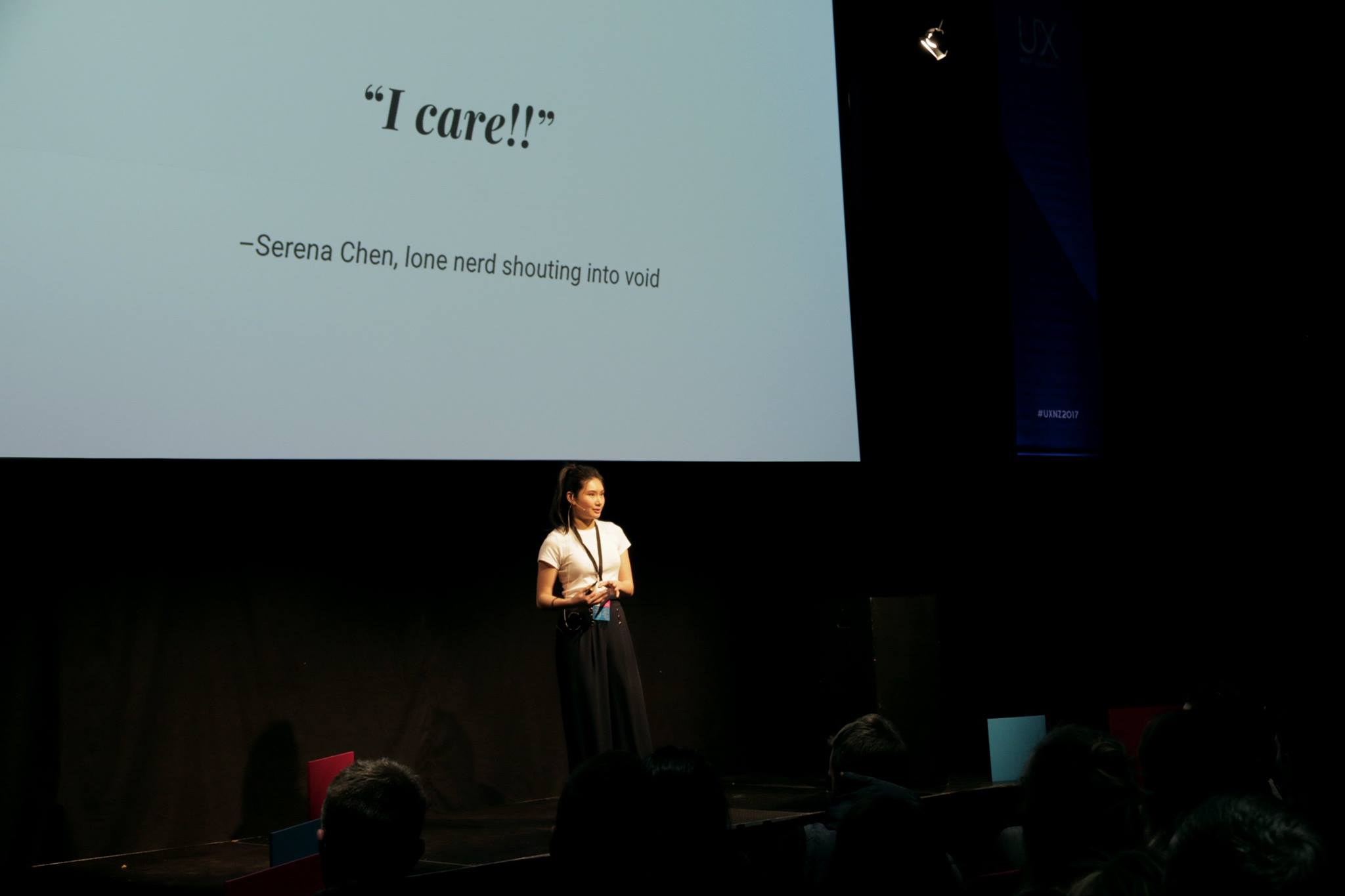 A photograph of me speaking at UXNZ in 2017