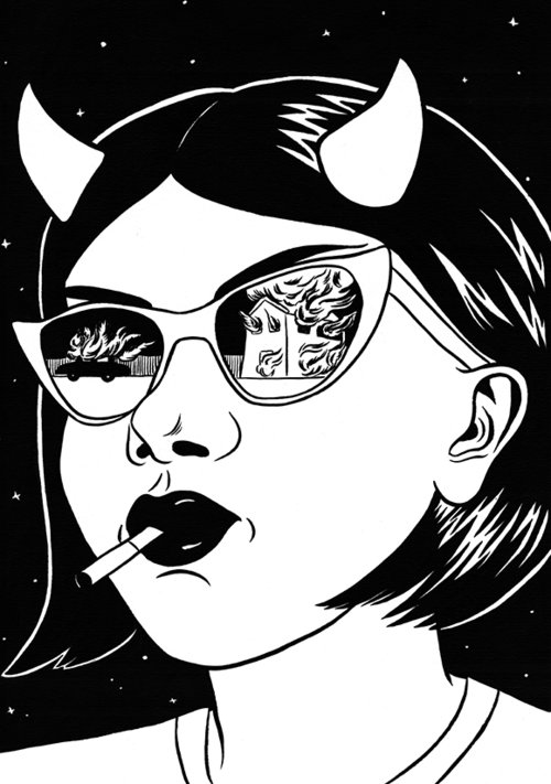 A cartoon depicting a woman wearing sunglasses smoking a ciggarette with a burning car and building reflected in the sunglasses